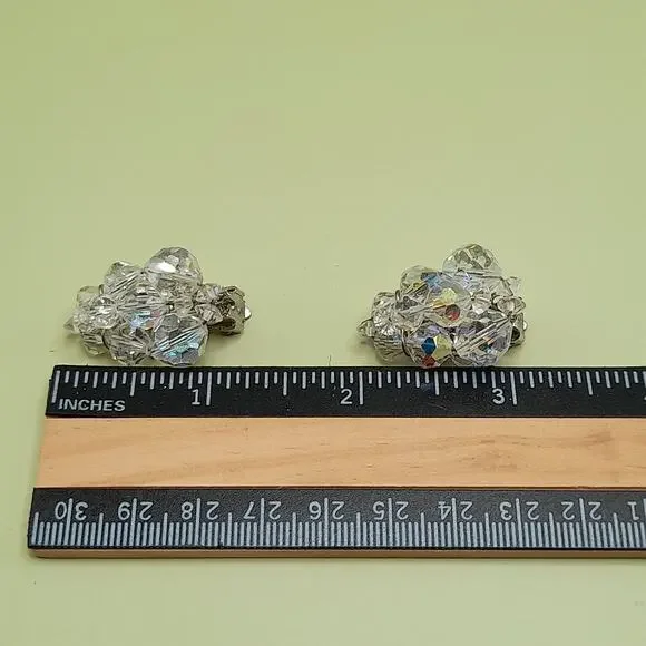 Vintage Aurora Borealis Bead Clip Earrings, 1 1/8 Inch, 1950s - Picture 7 of 10